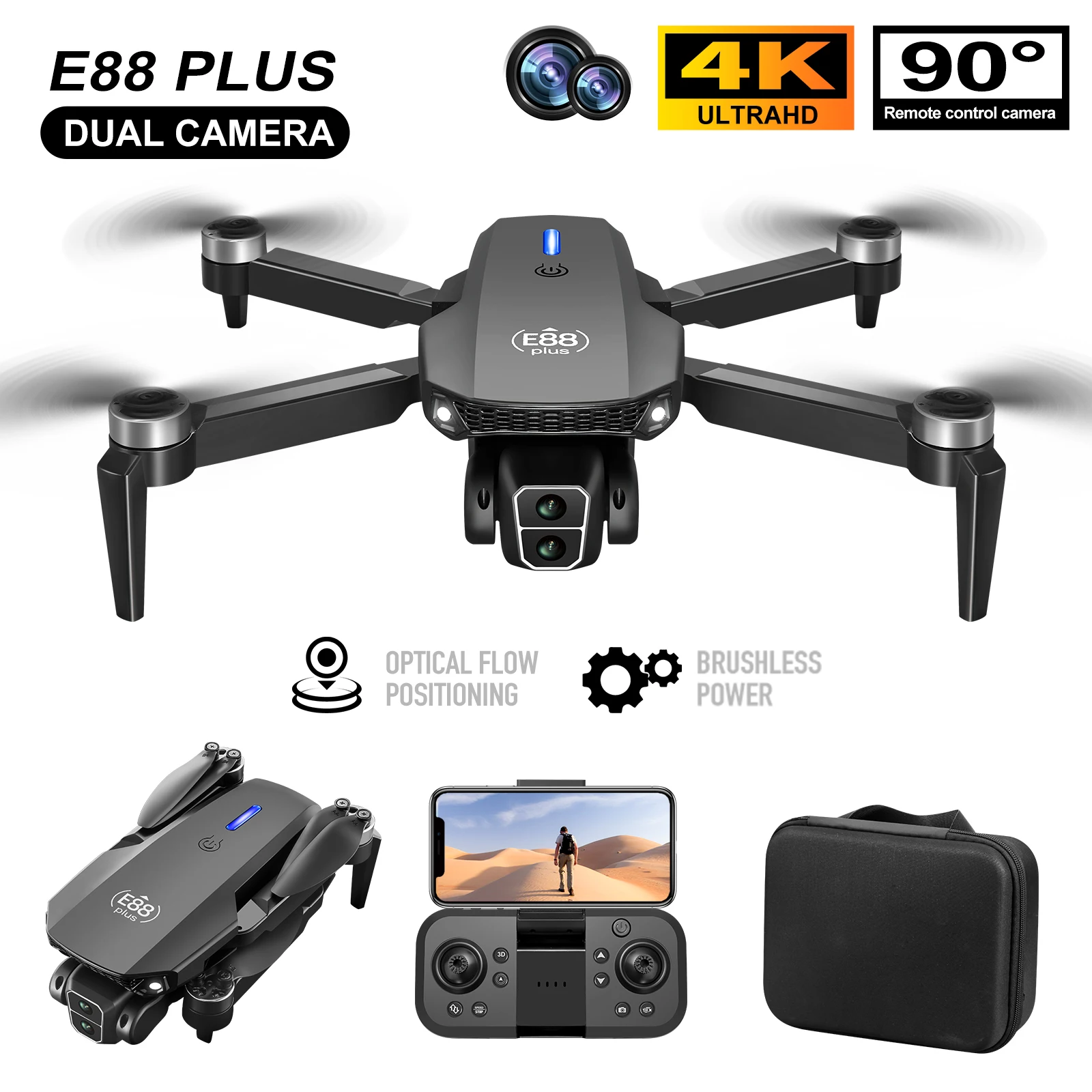 Drone Lidar - 新型E88 Plusクアッドコプタードローン：90 ° 電動調整カメラ、ブラシレスモーター、オプティカルフローポジショニングおもちゃ
